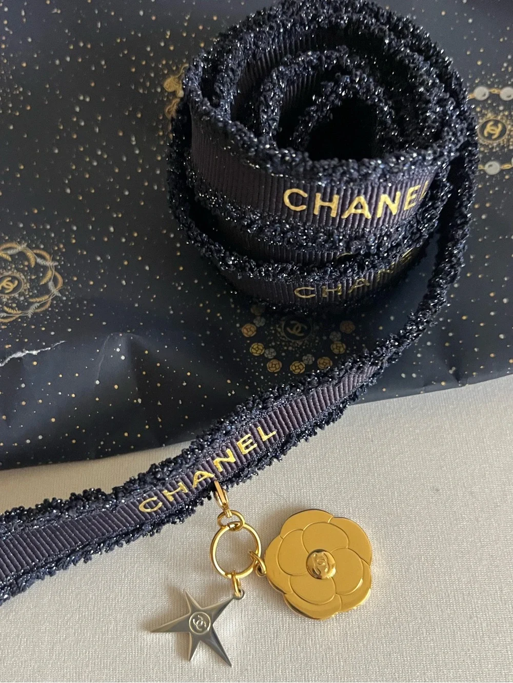 CHANEL Blue Ribbon Rope Charm Gold Camellia with silver Star New